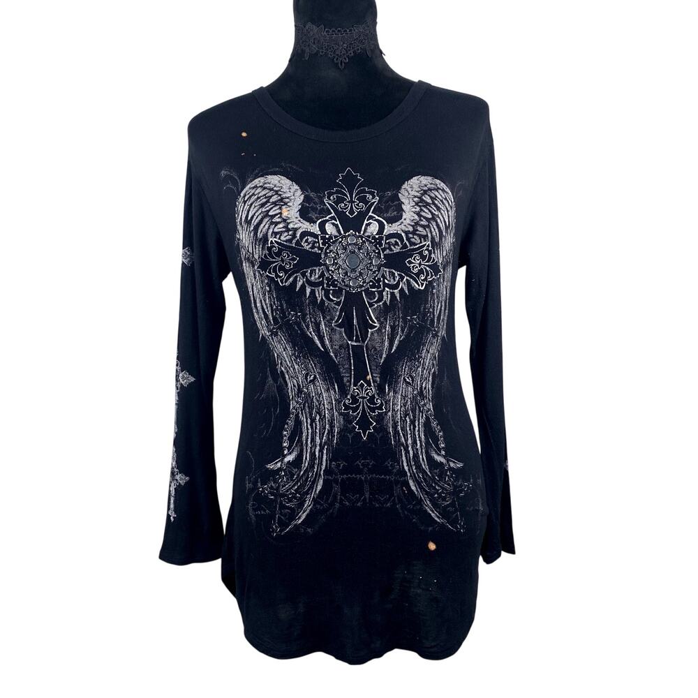 Mallgoth grunge y2k style cross rhinestone long sleeve top punk goth emo alt m